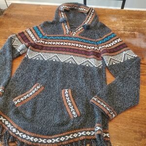 Gray and Brown Cowl Neck Sweater with Nordic Patterns